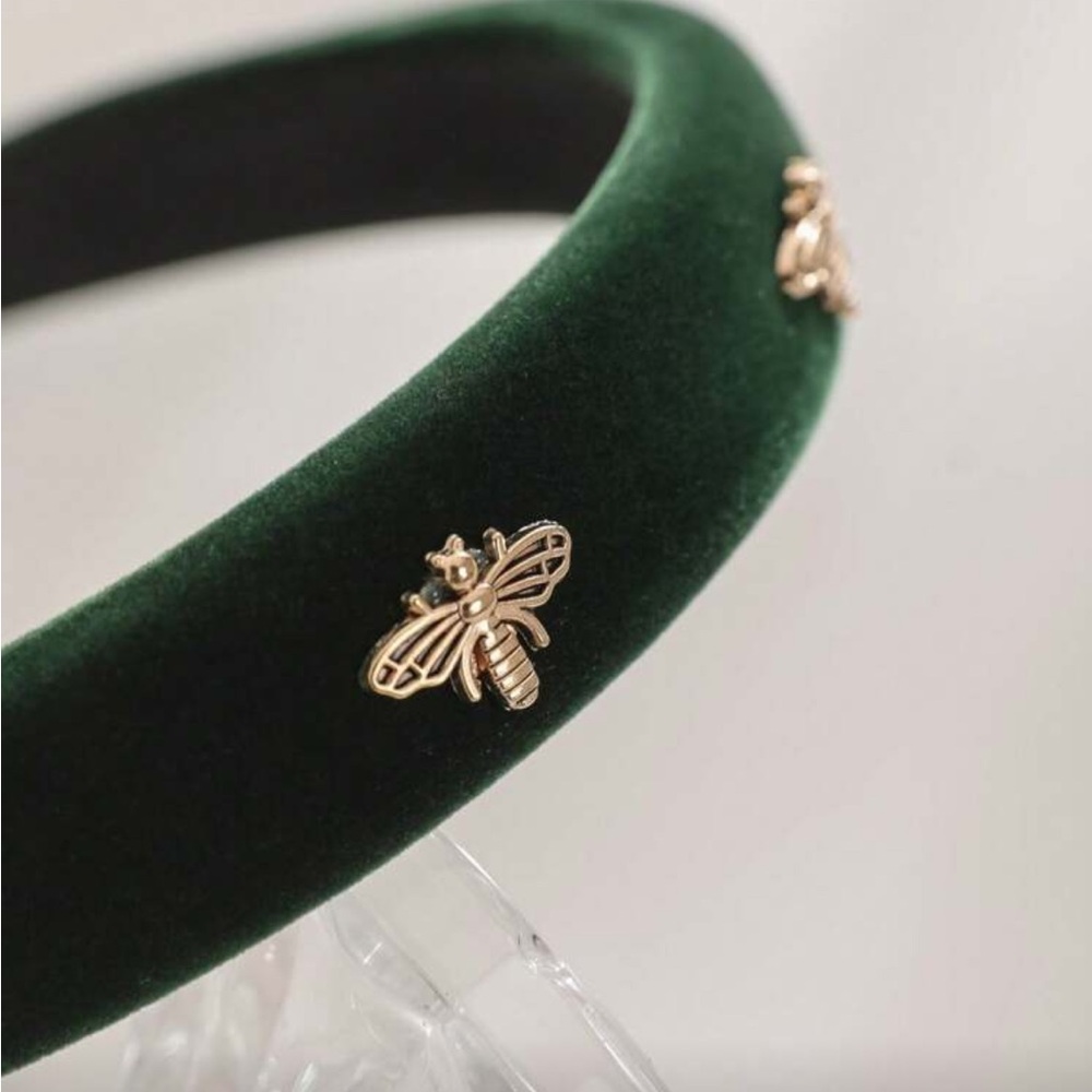Elegant Green Velvet Headband with Gold Bee Accents - Picture 4 of 11